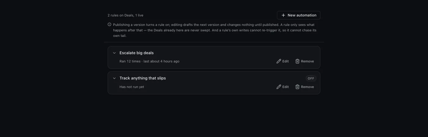 The versioned automations list with published versions and run states, on sample data