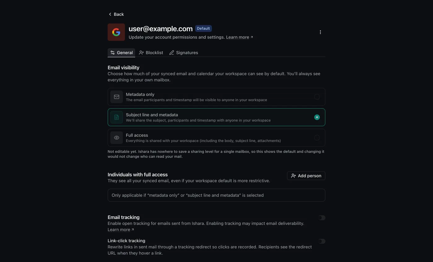 Mailbox settings in Ishara: connected accounts with sync state, per-account signatures, and the blocked-senders list, on sample data